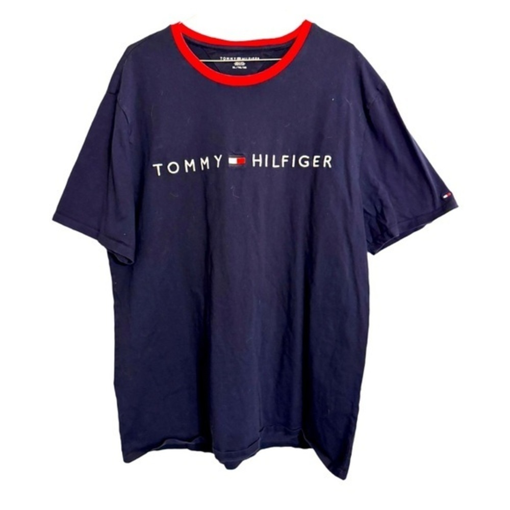 Tommy Hilfiger Men’s XL Navy Blue Logo Graphic T-Shirt – Red Collar Accent